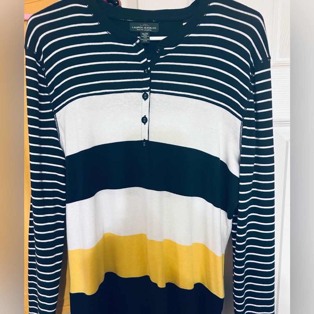 Ralph Lauren Navy, Yellow and White Striped Top. Very comfy, nautically chic.